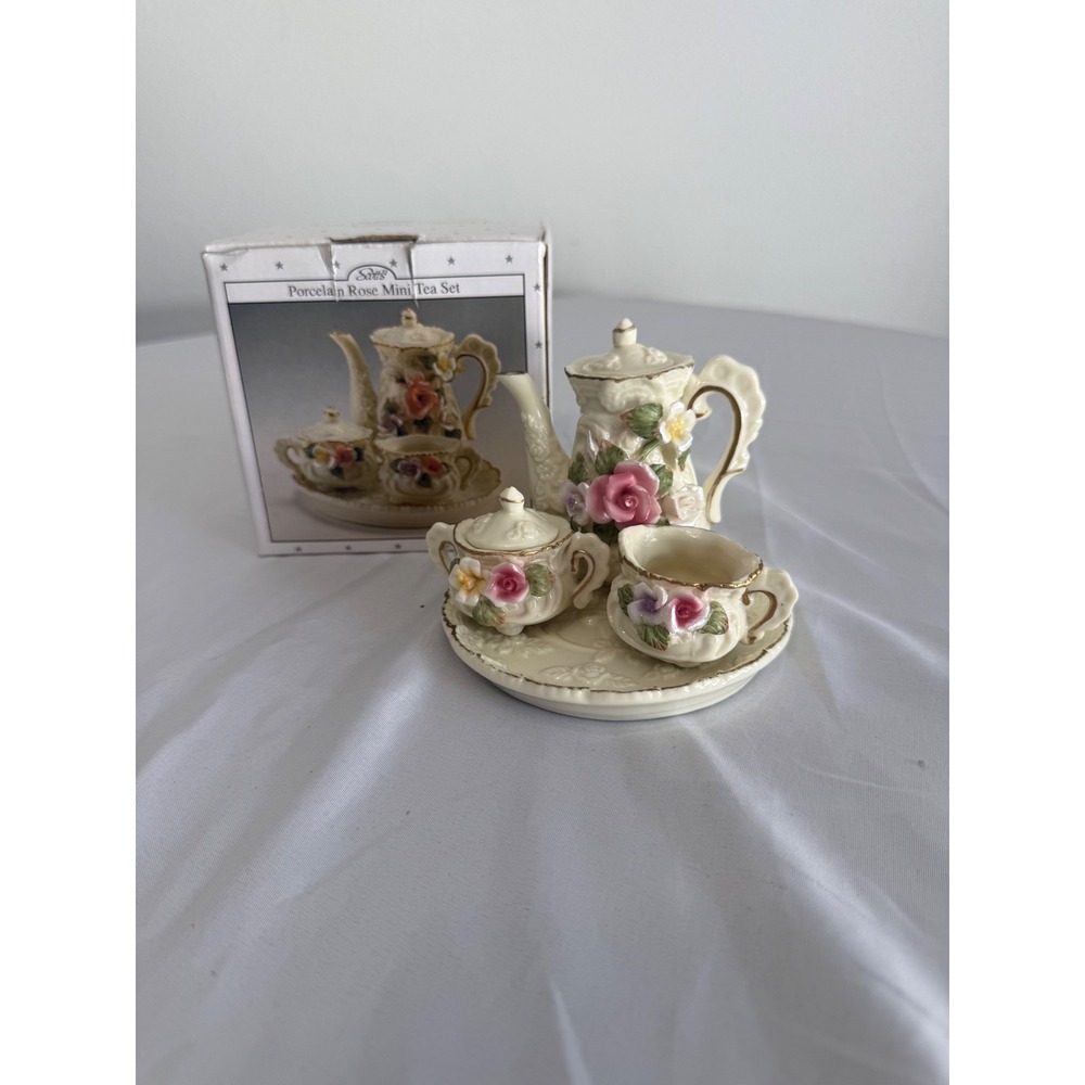 Scott's Porcelain Rose Mini Tea Set 5 Piece Floral Gilded Miniature Set with Box
